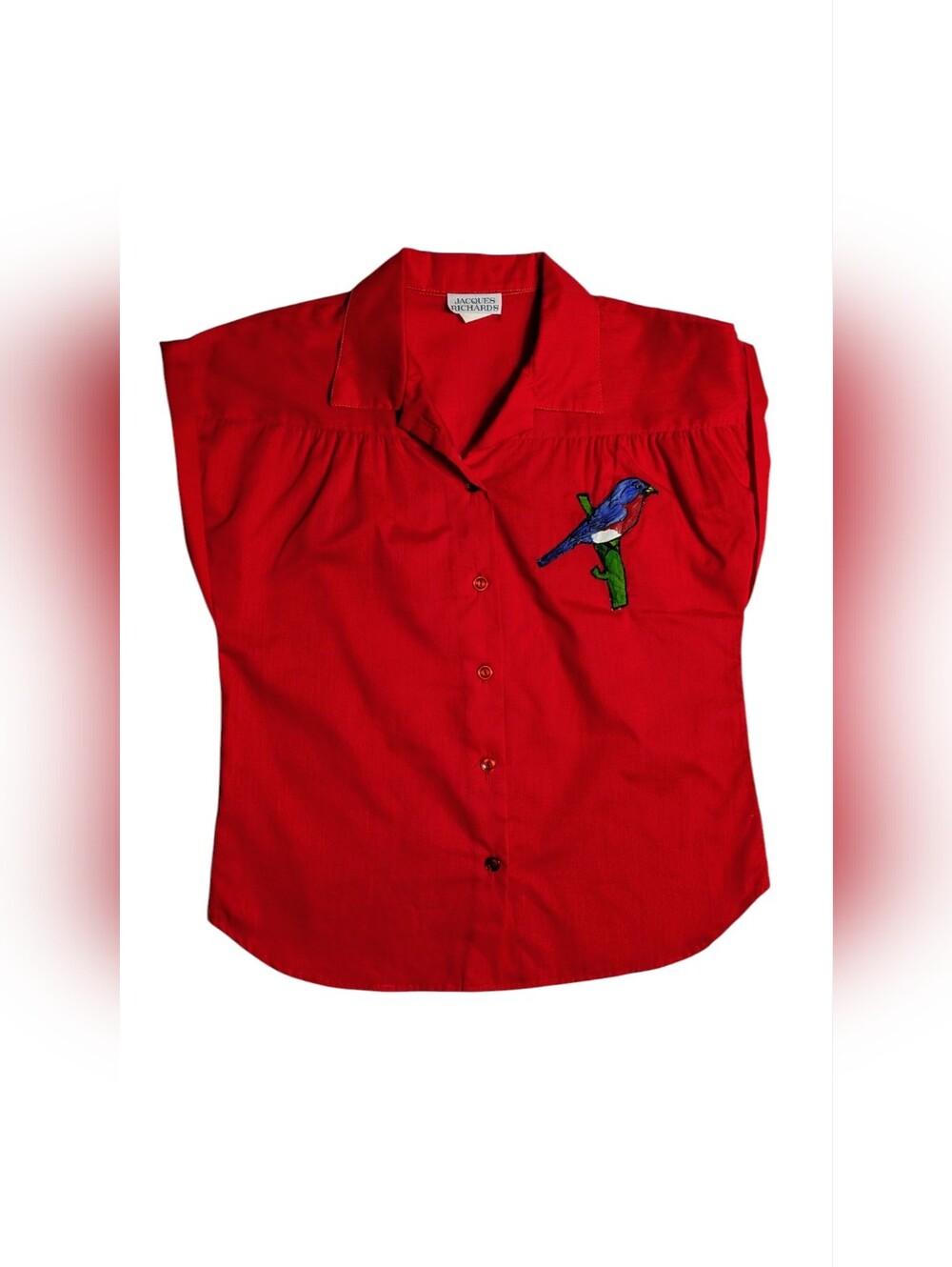 Jacques Richards Red Button-Up Shirt with Embroidered Blue Bird
